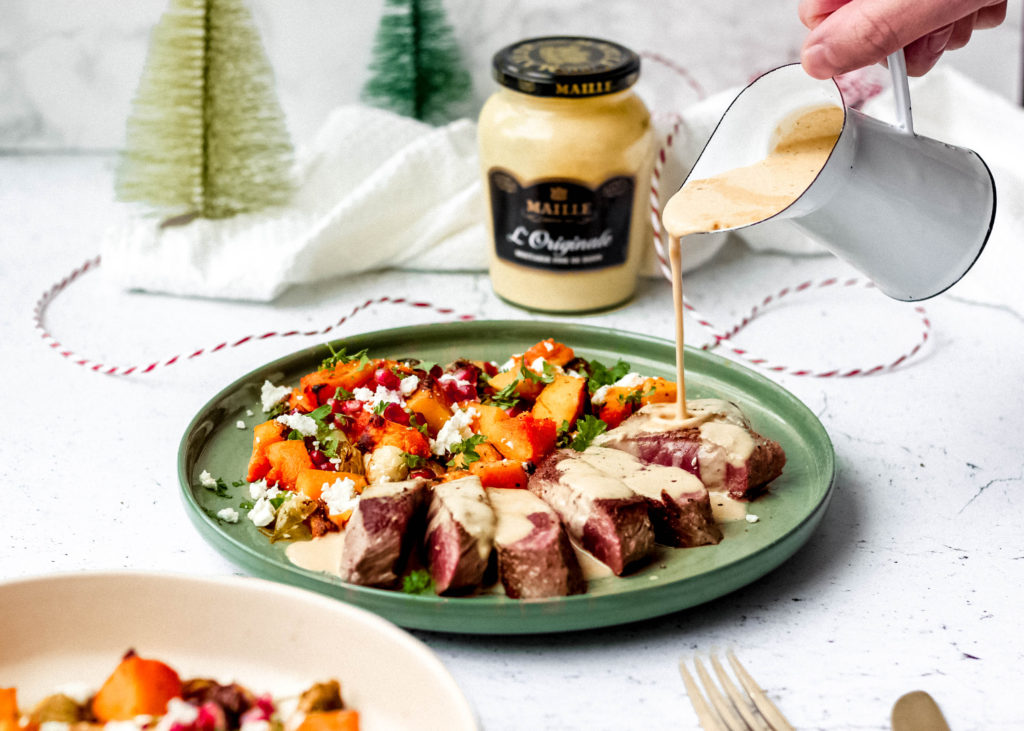 Lamsfilet met romige mosterdsaus en groeten